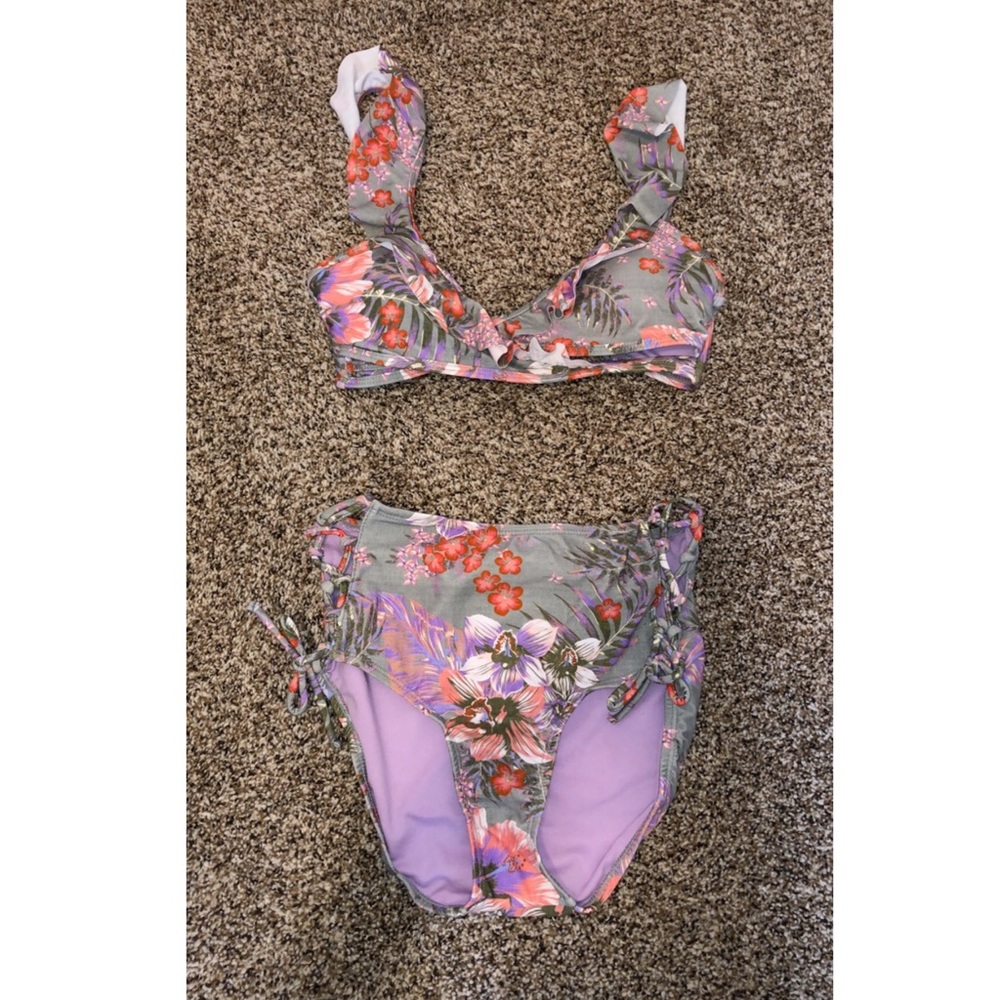 Flower print high waisted swim suit